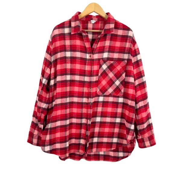 aerie Tops - Aerie Oversized flannel red plaid button shirt 90s heavy weight size M